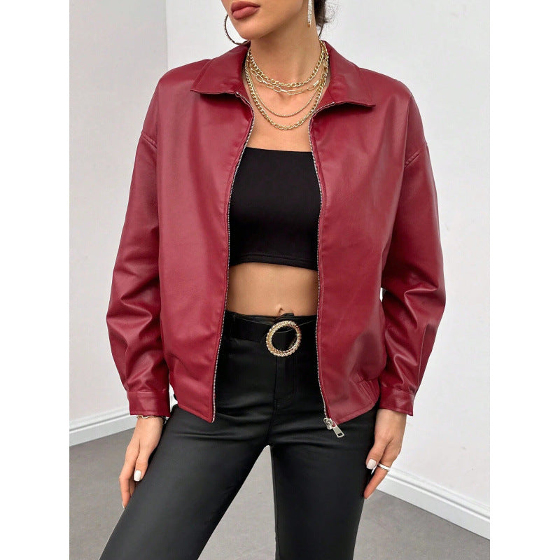 Damen Oversized Kunstleder-Blouson mit Reißverschluss und Hemdkragen Drune