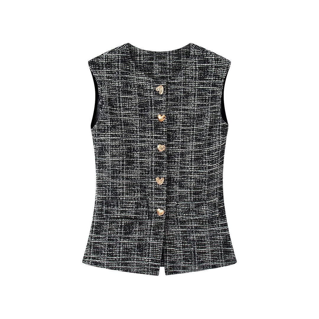 Damen elegante Karohose mit schmalem Schnitt und dekorativen Knöpfen Drune