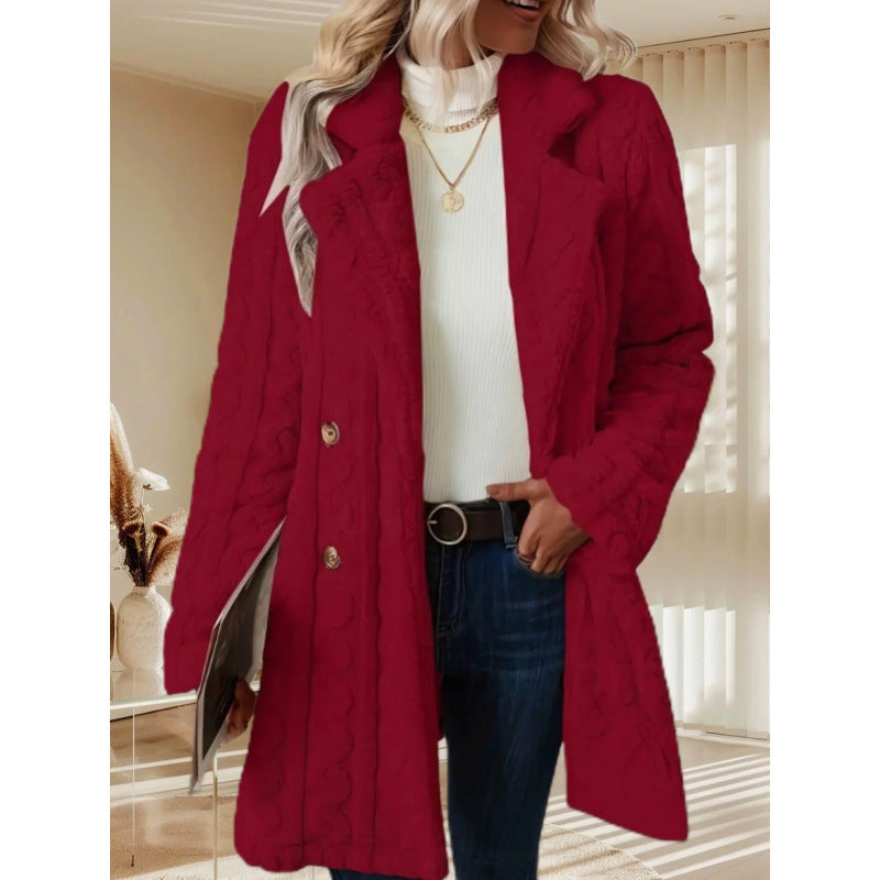 Damen Midilanger Teddy-Mantel mit Zopfmuster, Reverskragen und doppelt geknöpfter Front Drune