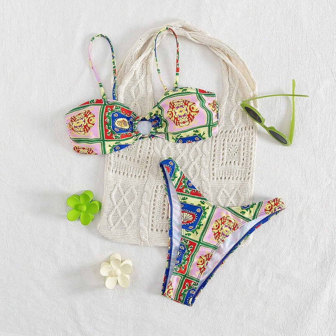 Damen Bikini mit elegantem Bandeau-Schnitt und buntem Muster Drune