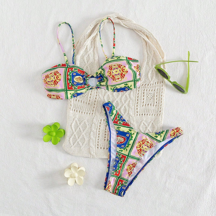 Damen Bikini mit elegantem Bandeau-Schnitt und buntem Muster Drune