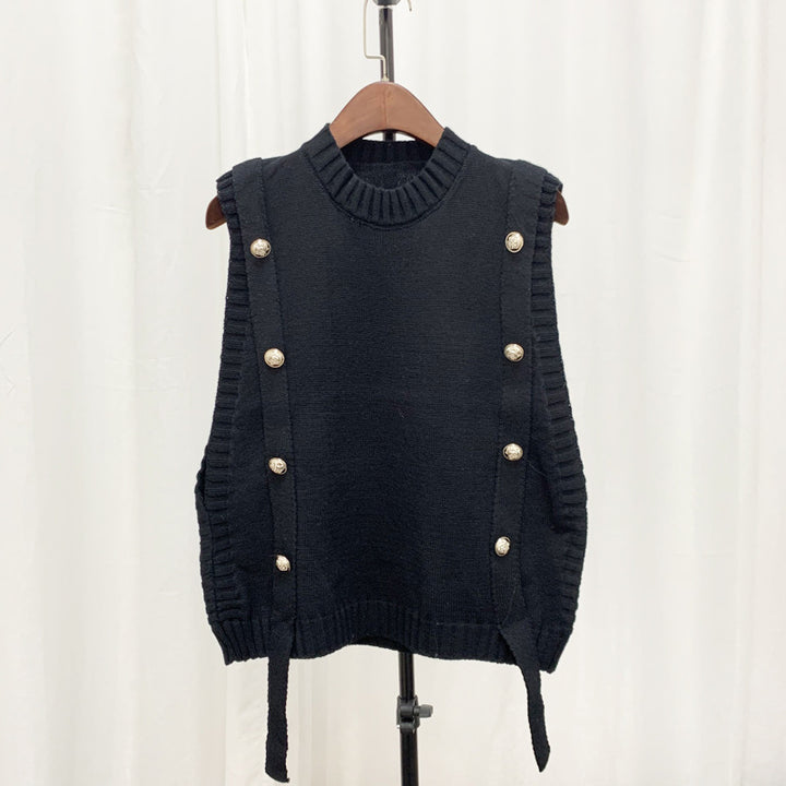 Damen Strickweste mit Knopfverschlüssen und seitlichen Bändern Drune