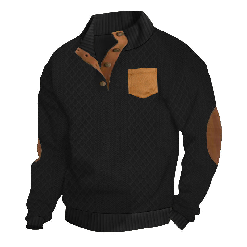 Herren Strukturiertes Kabelstrick-Sweatshirt mit Halbknopfblende, Kunstleder‑Patchtasche & Ellbogenpatches Drune