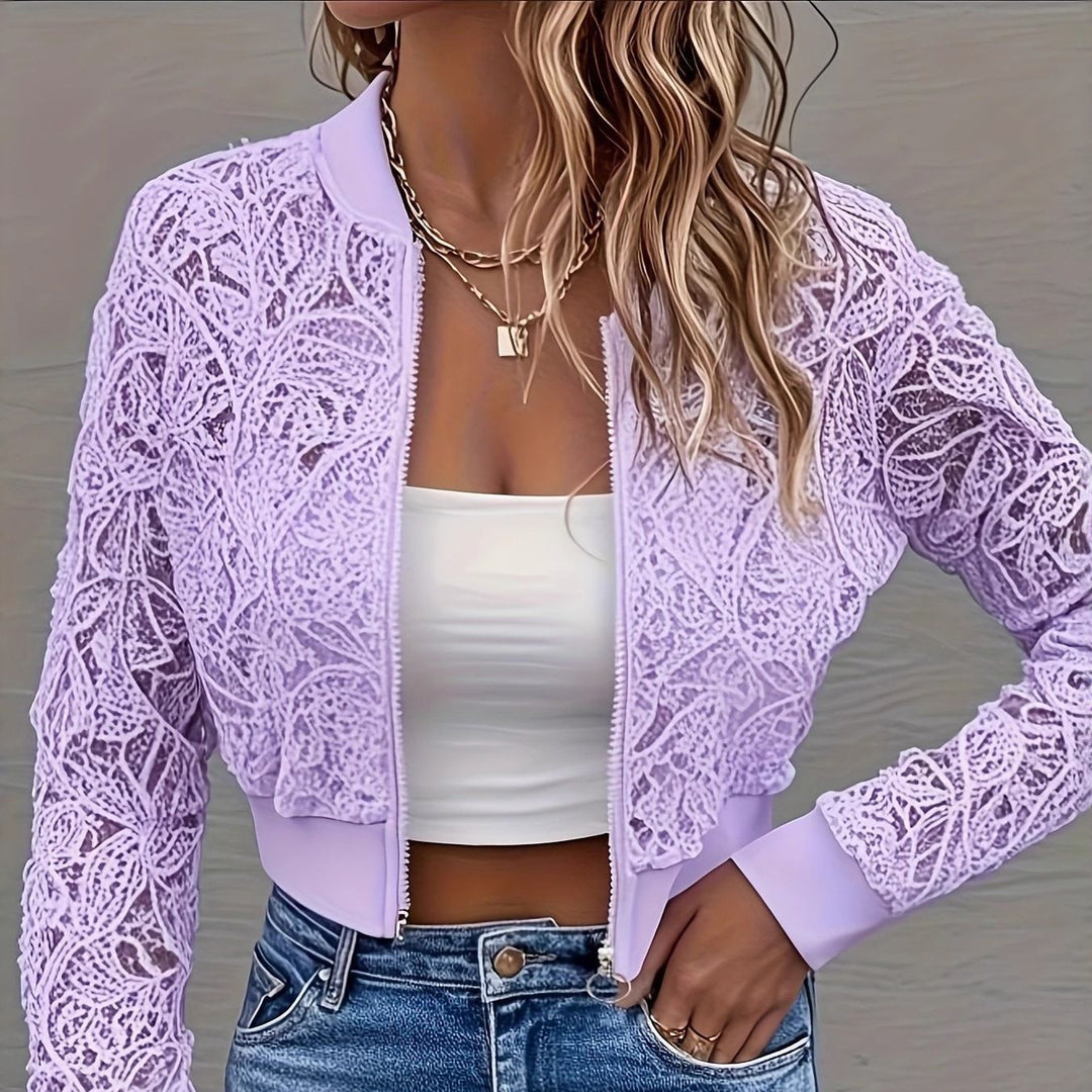 Damen Cropped Spitzen-Bomberjacke mit floraler Häkeloptik und Rippbündchen Drune