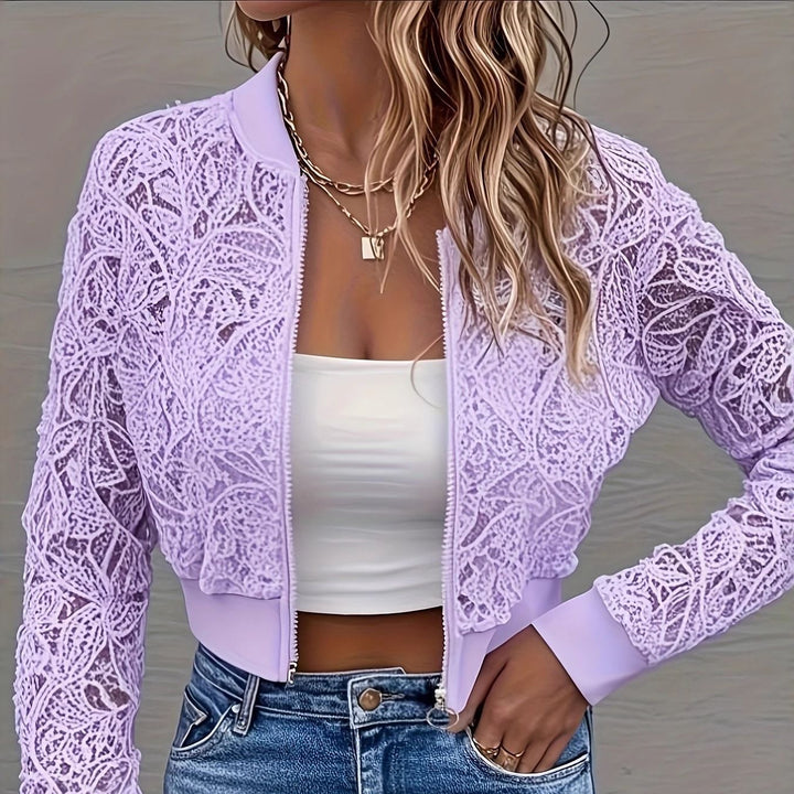 Damen Cropped Spitzen-Bomberjacke mit floraler Häkeloptik und Rippbündchen Drune
