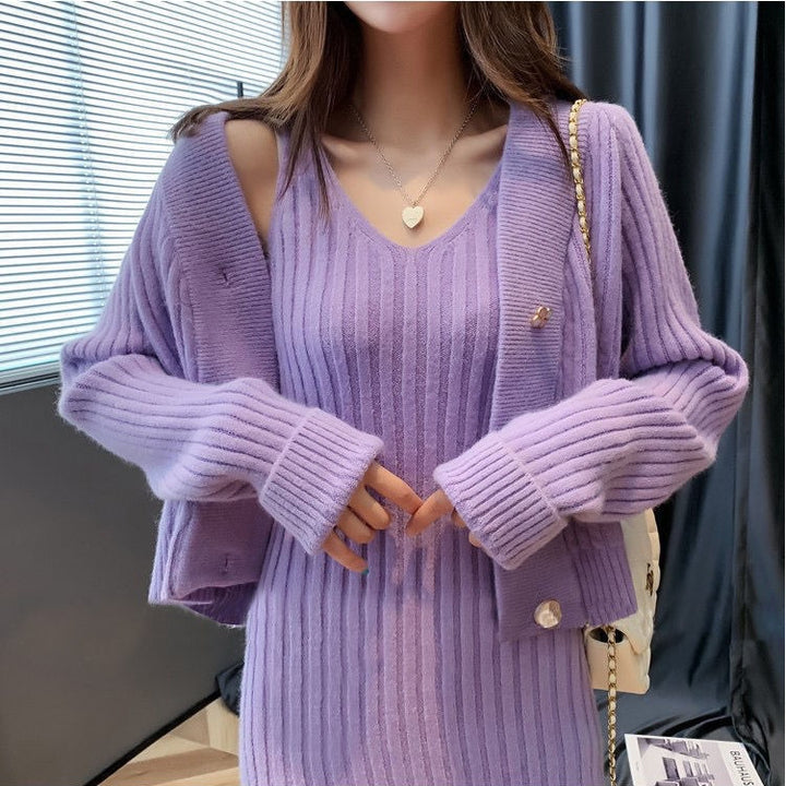 Damen kuscheliges Strickensemble mit V-Ausschnitt und modischem Knopfdetail Drune
