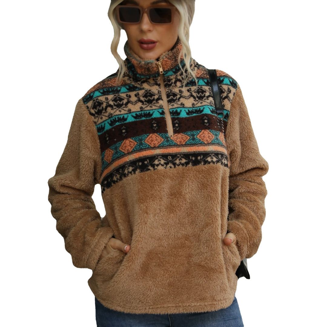 Damen Fleece-Pullover mit dekorativem Reißverschluss und modernem Muster Drune
