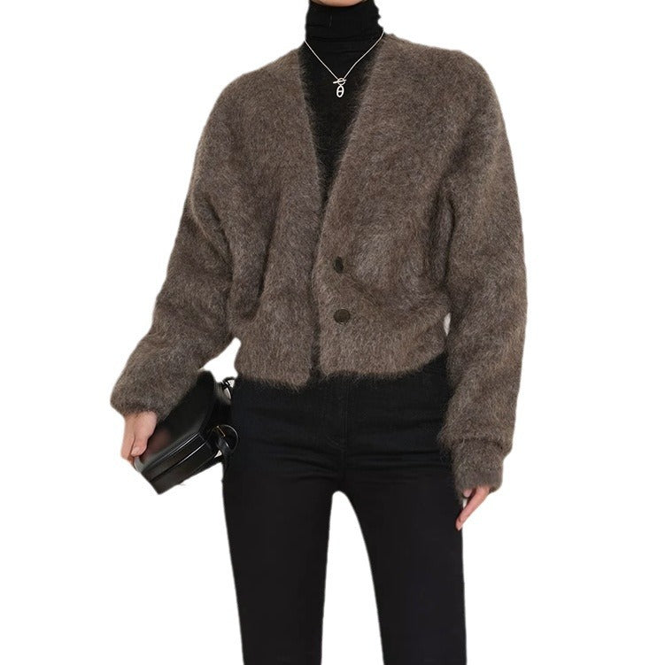 Damen elegante Strickjacke mit modernem Schnitt und hohen Kragen Drune