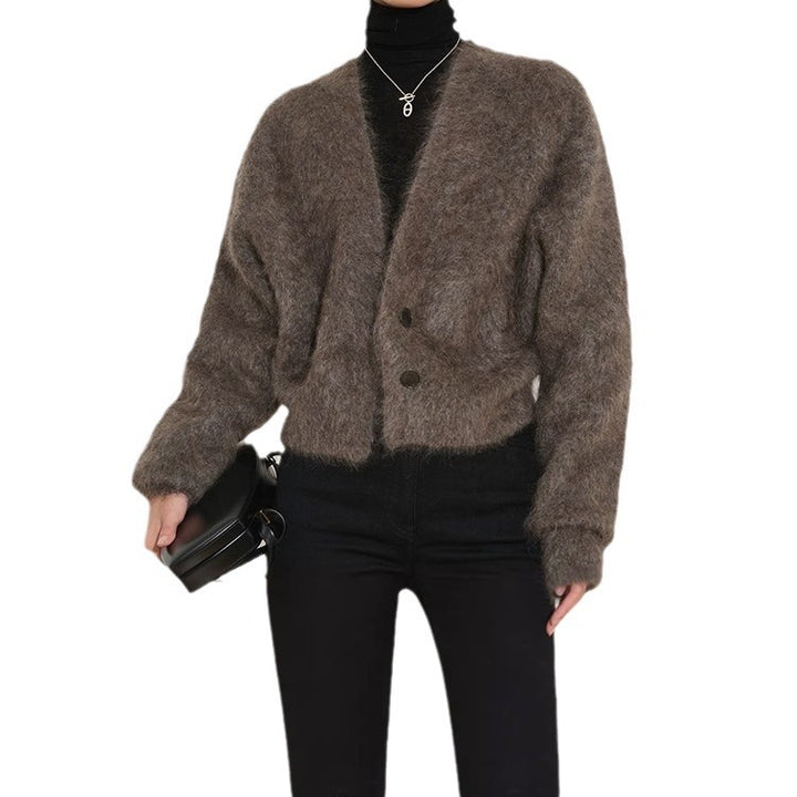 Damen elegante Strickjacke mit modernem Schnitt und hohen Kragen Drune