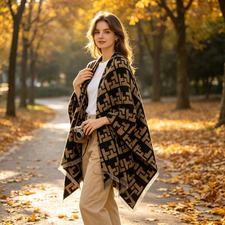 Damen Oversize Jacquard-Capeponcho aus Wollmix mit geometrischem Muster und Fransen Drune
