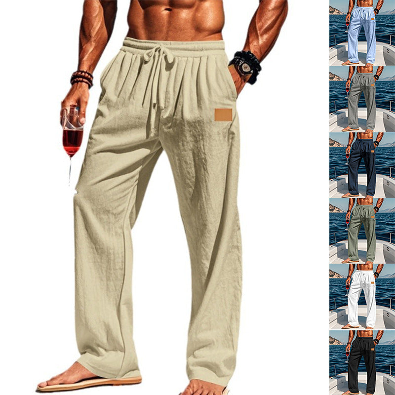 Herren nan lässige Leinen-Relaxhose mit weitem Bein, Tunnelzugbund und tiefen Eingrifftaschen Drune