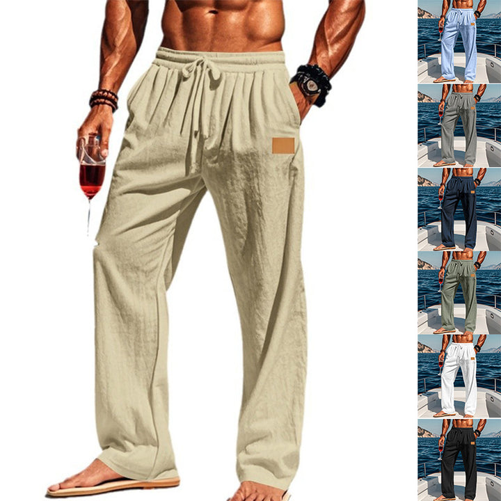 Herren nan lässige Leinen-Relaxhose mit weitem Bein, Tunnelzugbund und tiefen Eingrifftaschen Drune
