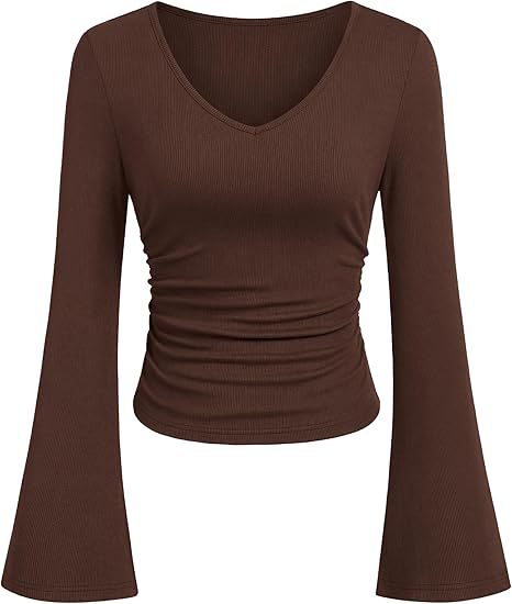 Damen Geripptes Cropped-Top mit V-Ausschnitt, taillierter Raffung und ausgestellten Trompetenärmeln Drune