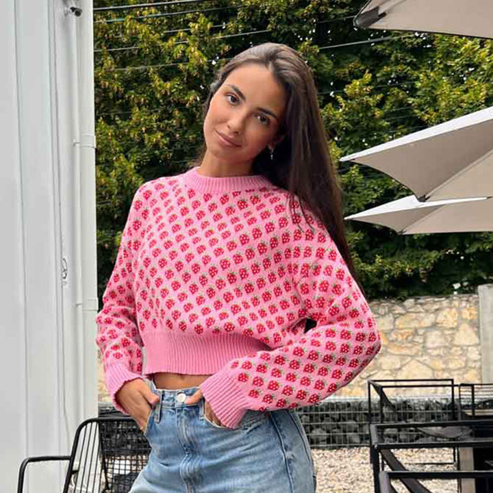 Damen Gestreifter Cropped Pullover mit floralem Muster Drune