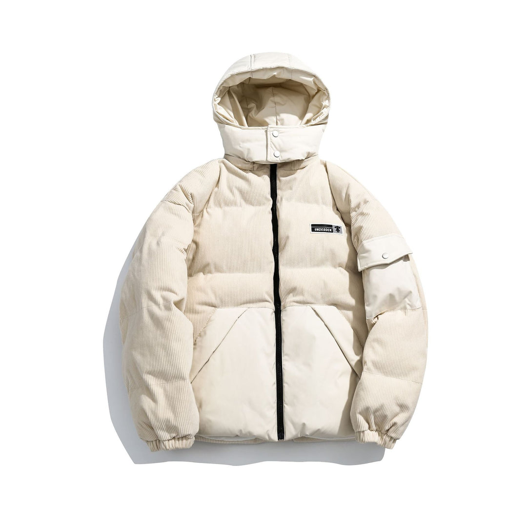Damen Cord-Stepp-Pufferjacke mit Kapuze und Utility-Ärmeltasche Drune