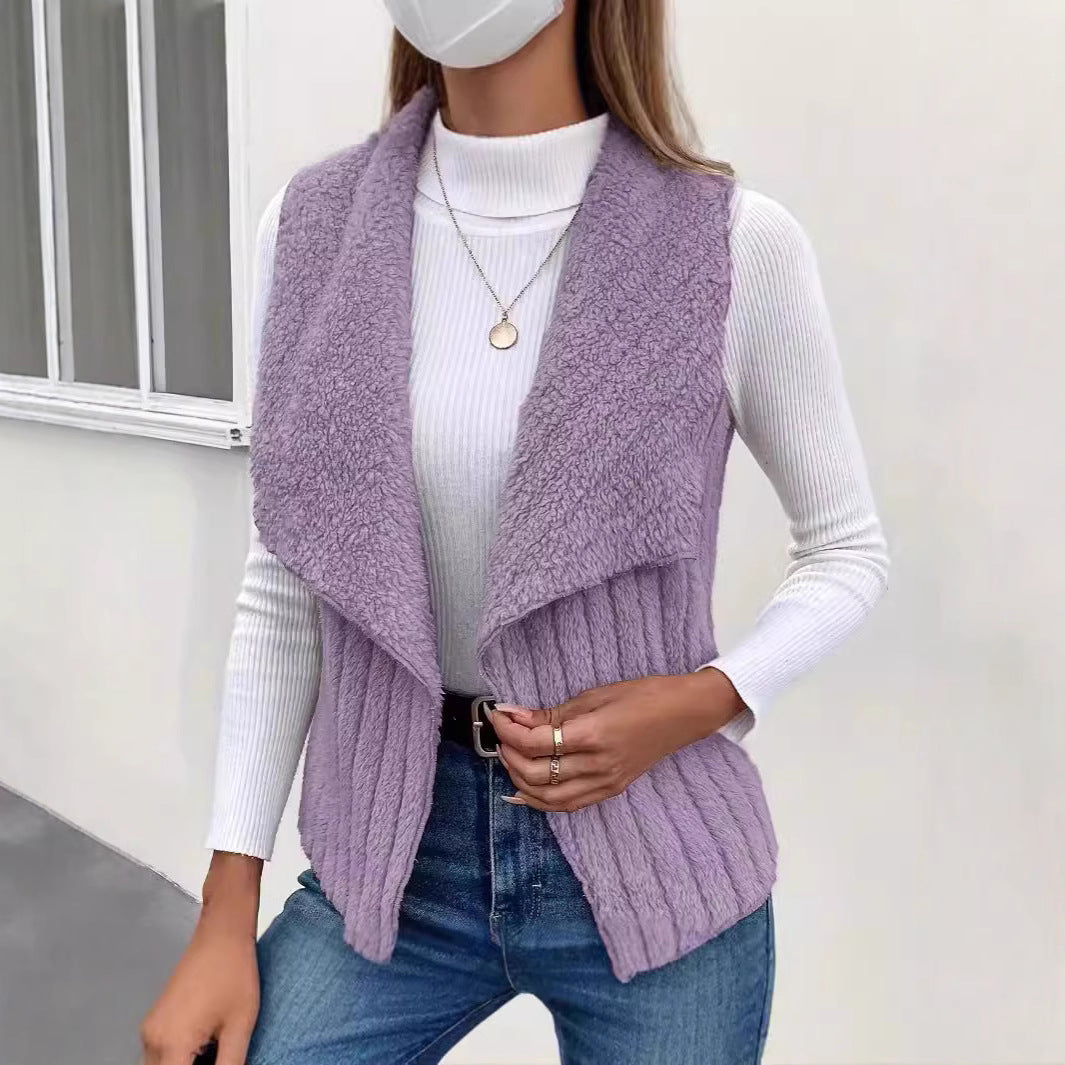 Damen nan kuschelige ärmellose Teddy-Fleece-Weste mit großem Schalkragen und strukturierter Rippenoptik Drune