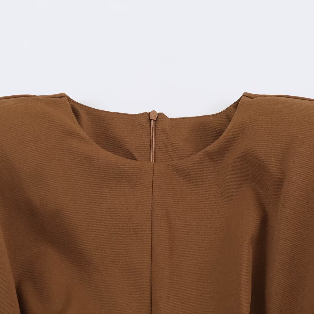 Damen A-Linien Midikleid mit High-Low-Saum, geraffter Taille und langen Ärmeln Drune