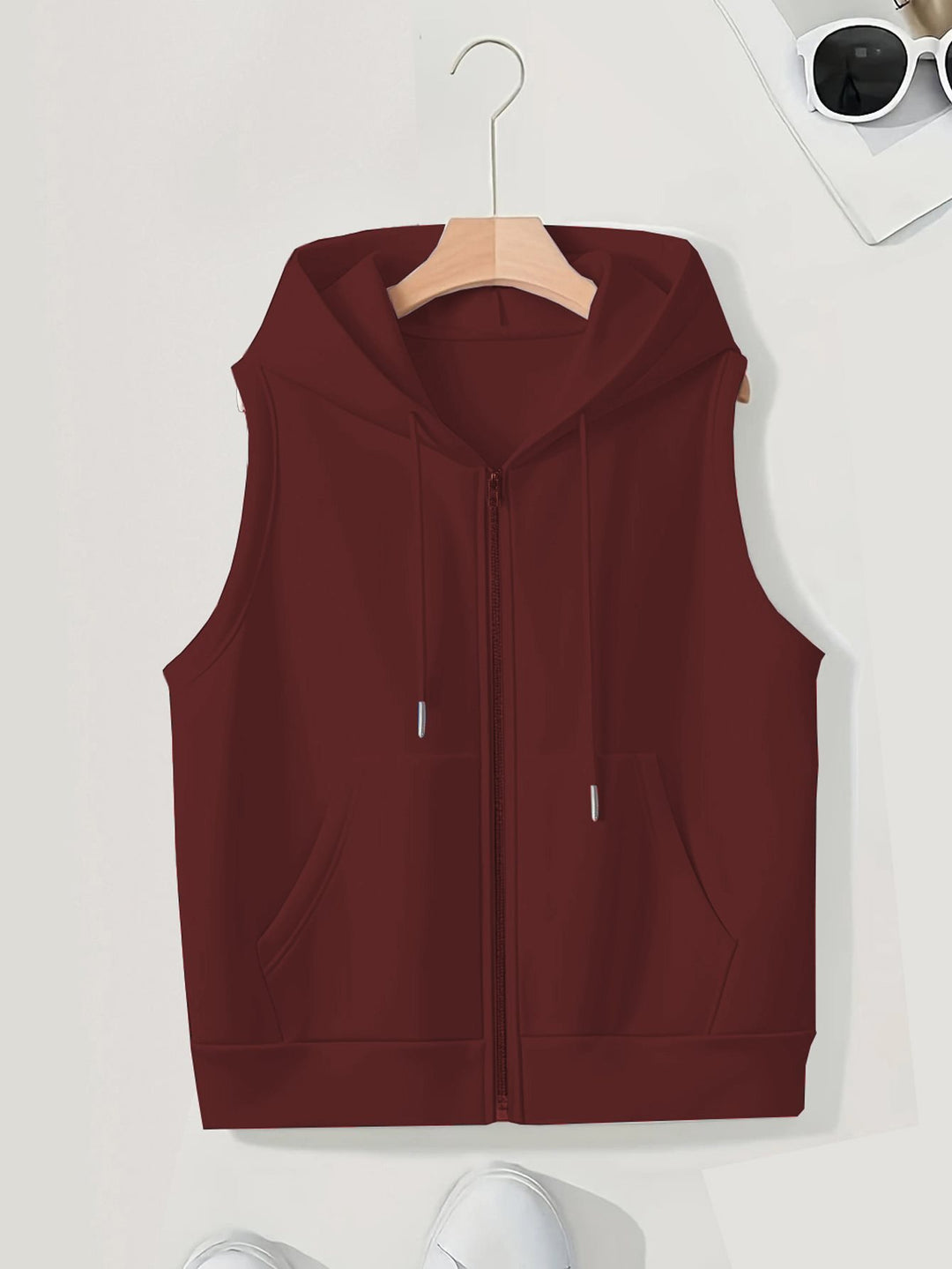 Damen Ärmellose Zip‑Hoodie‑Weste aus weichem Sweat mit Kängurutaschen Drune