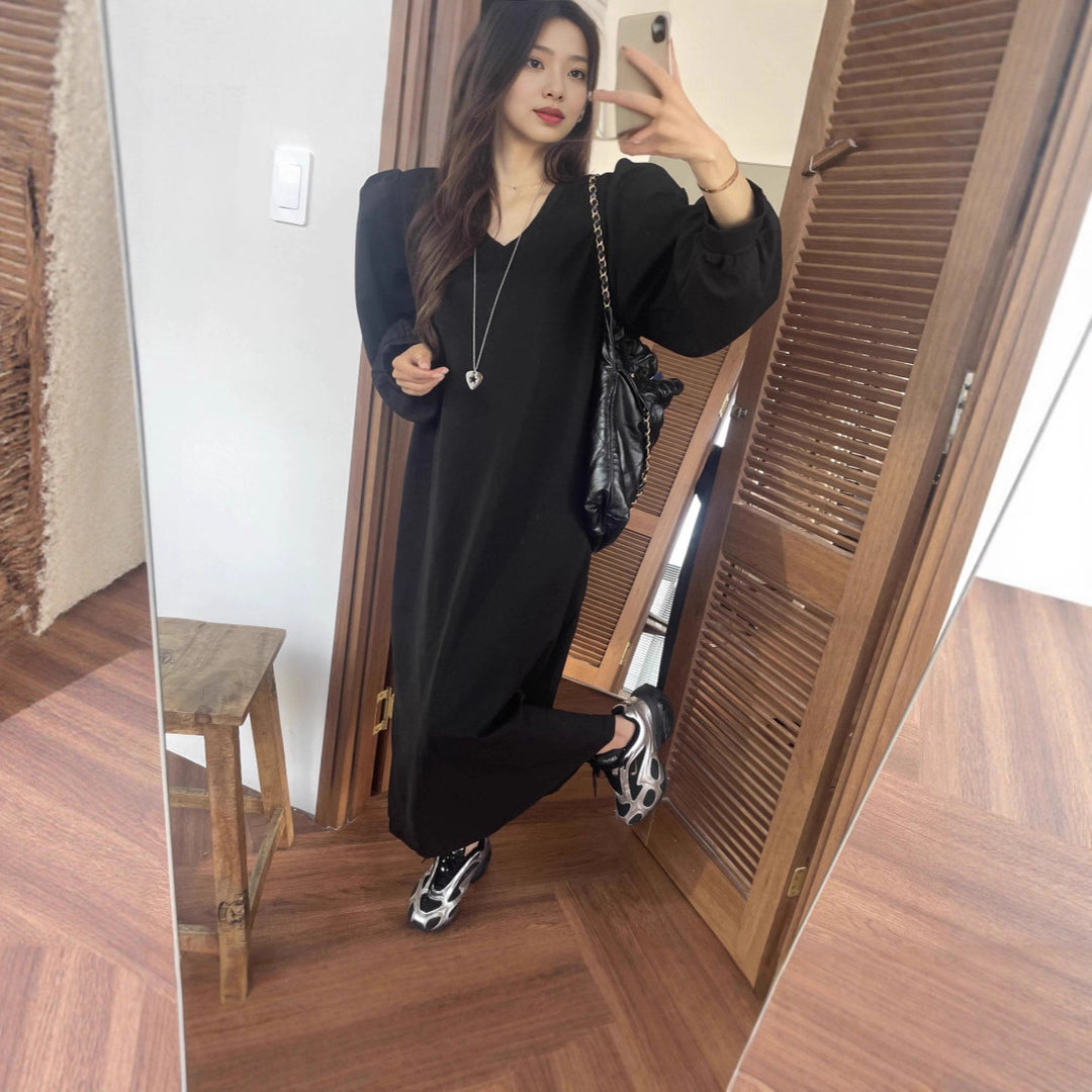Damen Lässiges Maxi‑Sweatkleid mit V‑Ausschnitt, voluminösen Ballonärmeln und geradem Saum Drune