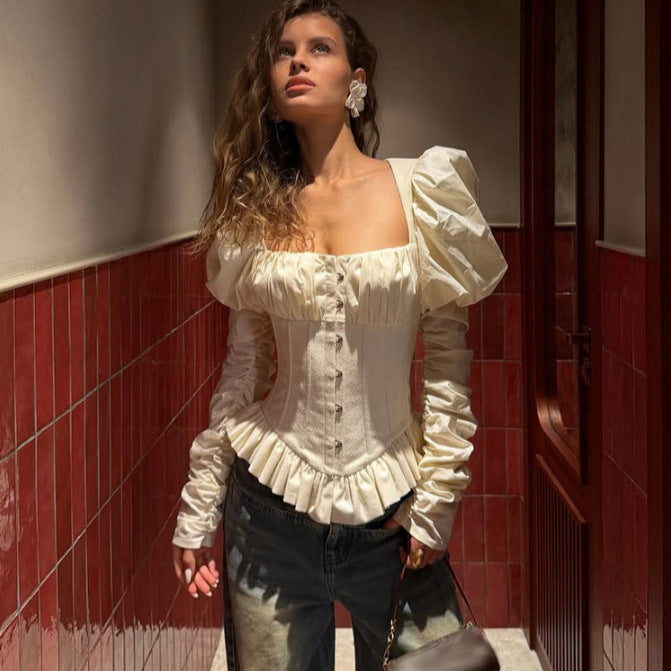 Damen Corsagenbluse mit Puffärmeln, Rüschen-Saum und Schnürdetail Drune