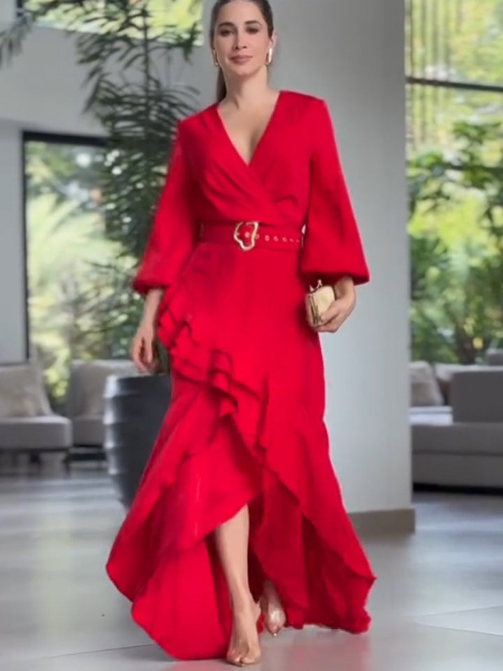 Damen Elegantes Wickel-Maxikleid mit Volants, tailliertem Gürtel & weitem Glockenärmel Drune