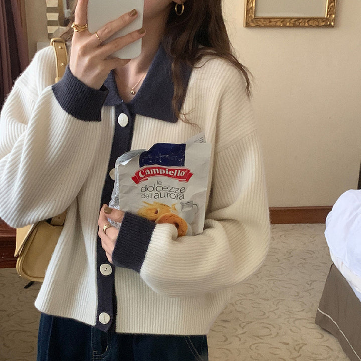 Damen gemusterter Strickjacke mit schickem Kragen und dekorativen Knöpfen Drune