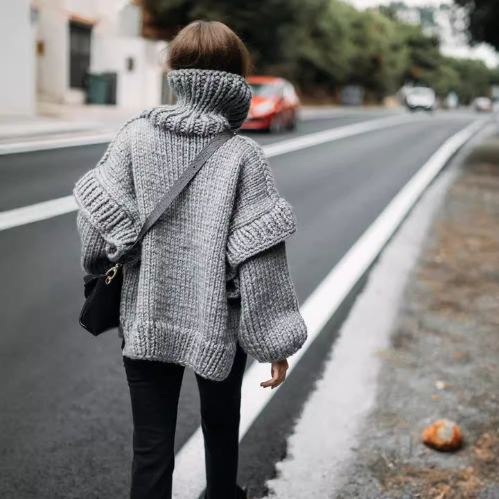 Damen Oversize Grobstrickpullover mit hohem Rollkragen Drune