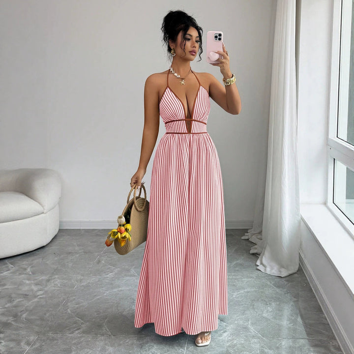 Damen Gestreiftes Neckholder-Maxikleid mit tiefem V-Ausschnitt und Taillen-Cut-Out Drune