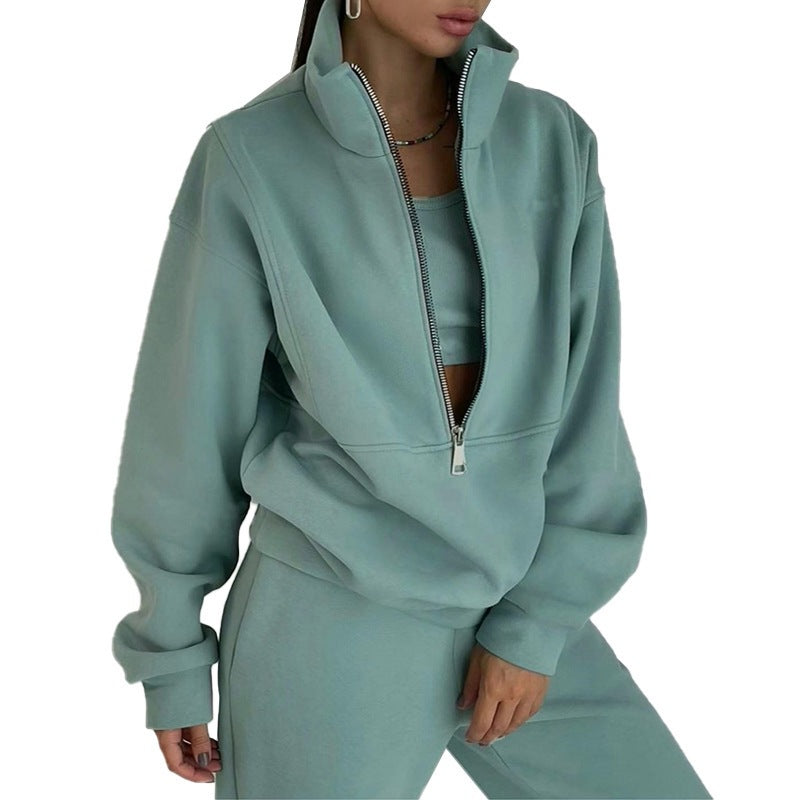 Damen nan kurzes Halbzip-Sweatshirt-und-Jogginghose-Set mit Stehkragen, oversized Schnitt und weichem French-Terry Drune