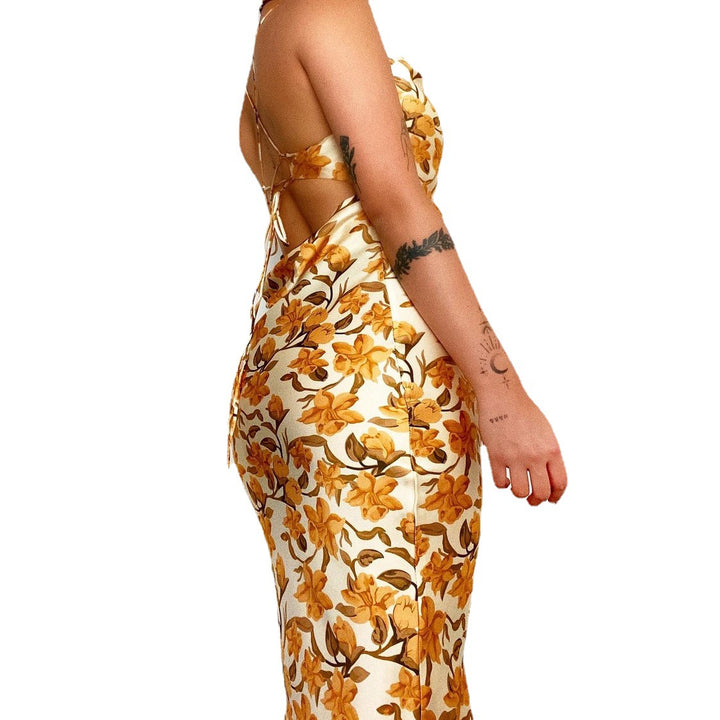Damen Satin Maxikleid mit floraler Drapierung und Spaghettiträgern Drune