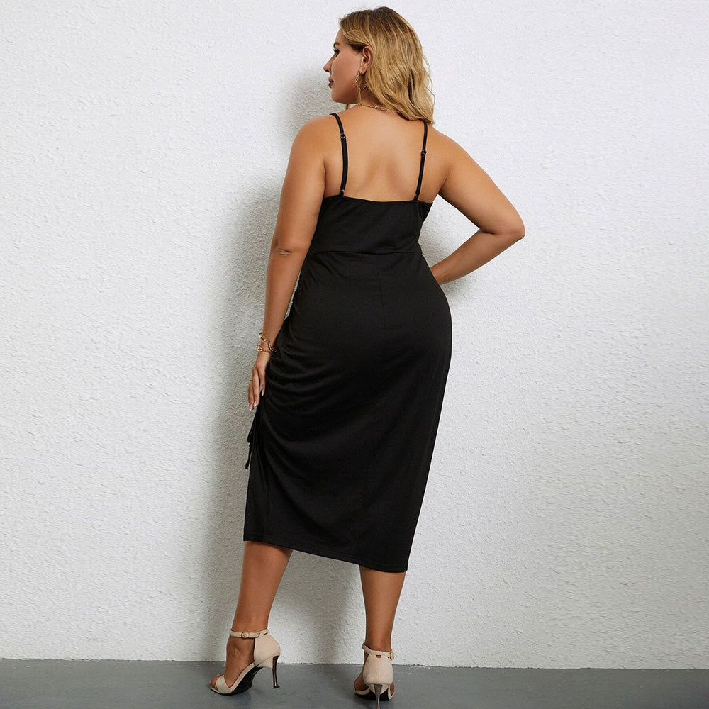 Damen lässiges Midi-Kleid mit verstellbaren Spagettiträgern und seitlichem Rüschendetail Drune