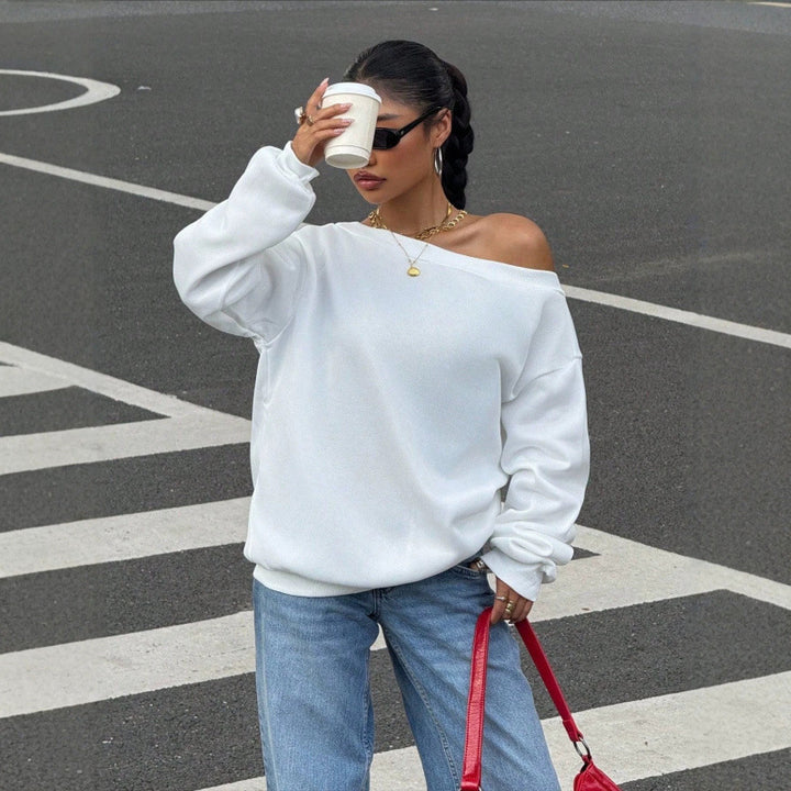 Damen Oversize Off-Shoulder Sweatshirt mit weitem Schnitt und schrägem Ausschnitt Drune