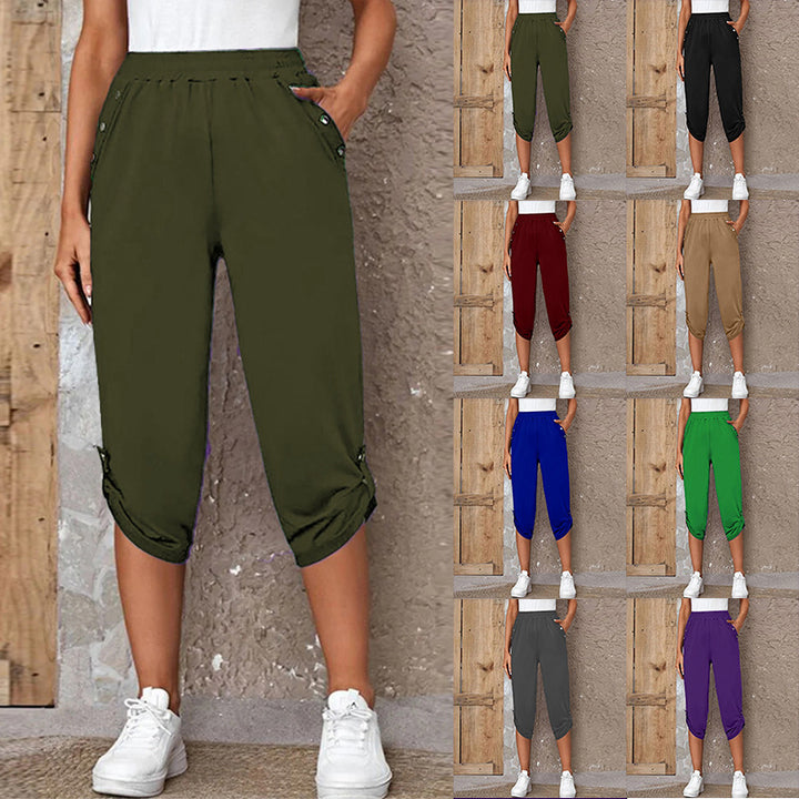 Damen nan lässige dreiviertellange Hose mit elastischem Bund, Eingrifftaschen und krempelbarem Saum Drune
