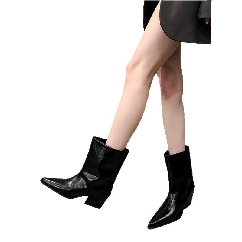 Damen Spitz zulaufende halbhohe Stiefelette mit skulptiertem Blockabsatz Drune