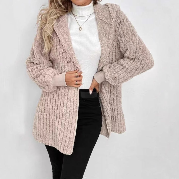Damen Flauschige Strickjacke mit Kapuze und strukturiertem Design Drune