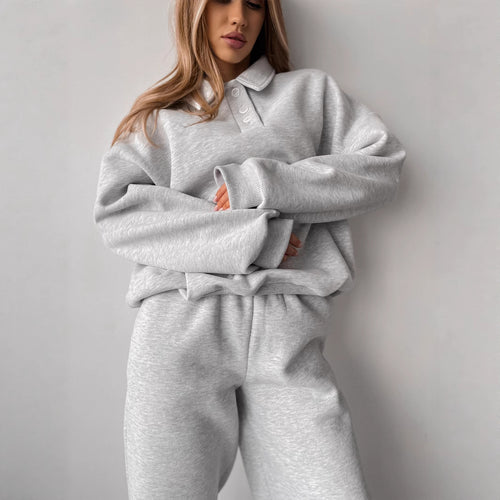 Damen Polo-Sweatshirt und Relax-Fit Jogginghose Set aus French Terry Drune
