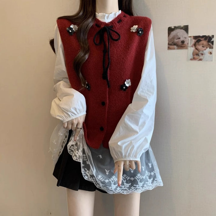 Damen Strickjacke mit dekorativen Blumenapplikationen und Bindeverschluss Drune