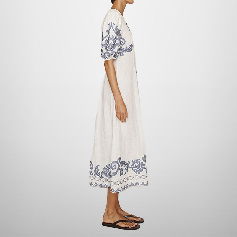 Damen Midikleid mit kunstvollem Stickmuster und voluminösen Ärmeln Drune