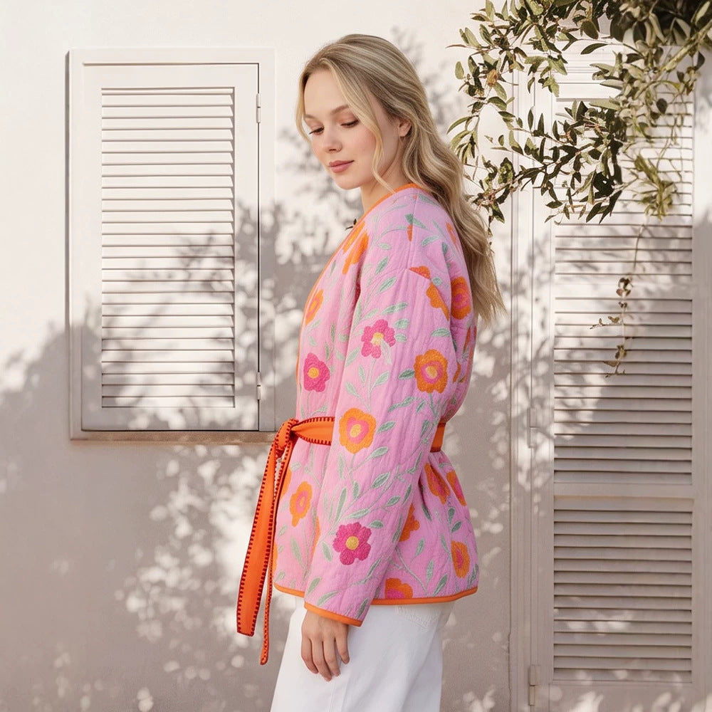 Damen Gestepptes Blumen-Kimono mit Bindegürtel Drune