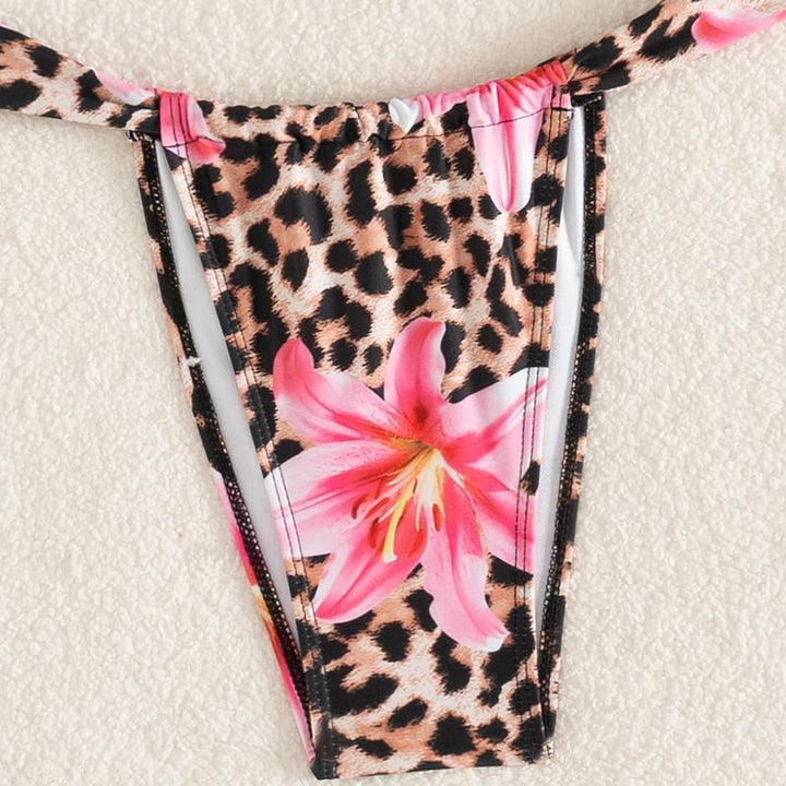 Damen Bikini-Set mit floralem Leopardenmuster und elegantem Knotendetail Drune