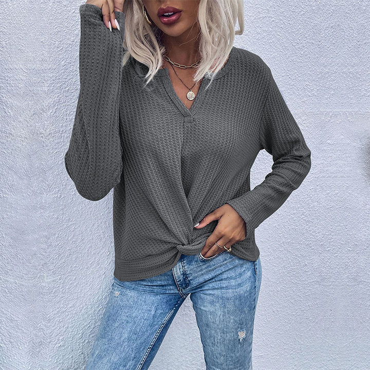 Damen Waffelstrick-Longsleeve mit V‑Ausschnitt und Knotenfront Drune