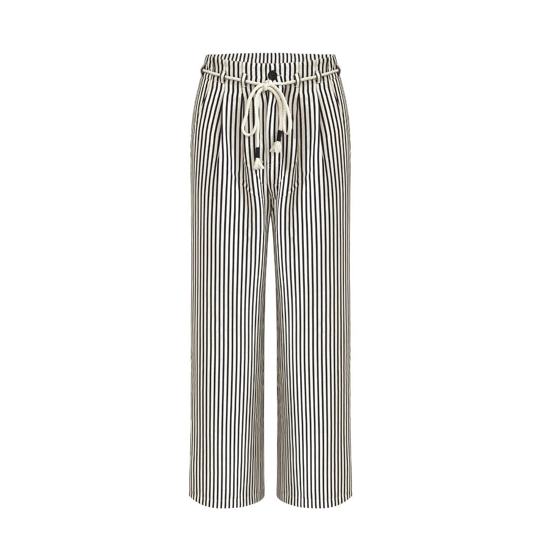Damen Leichte Leinenoptik Palazzo‑Hose mit Gummibund, Kordelzug und senkrechtem Streifenmuster Drune