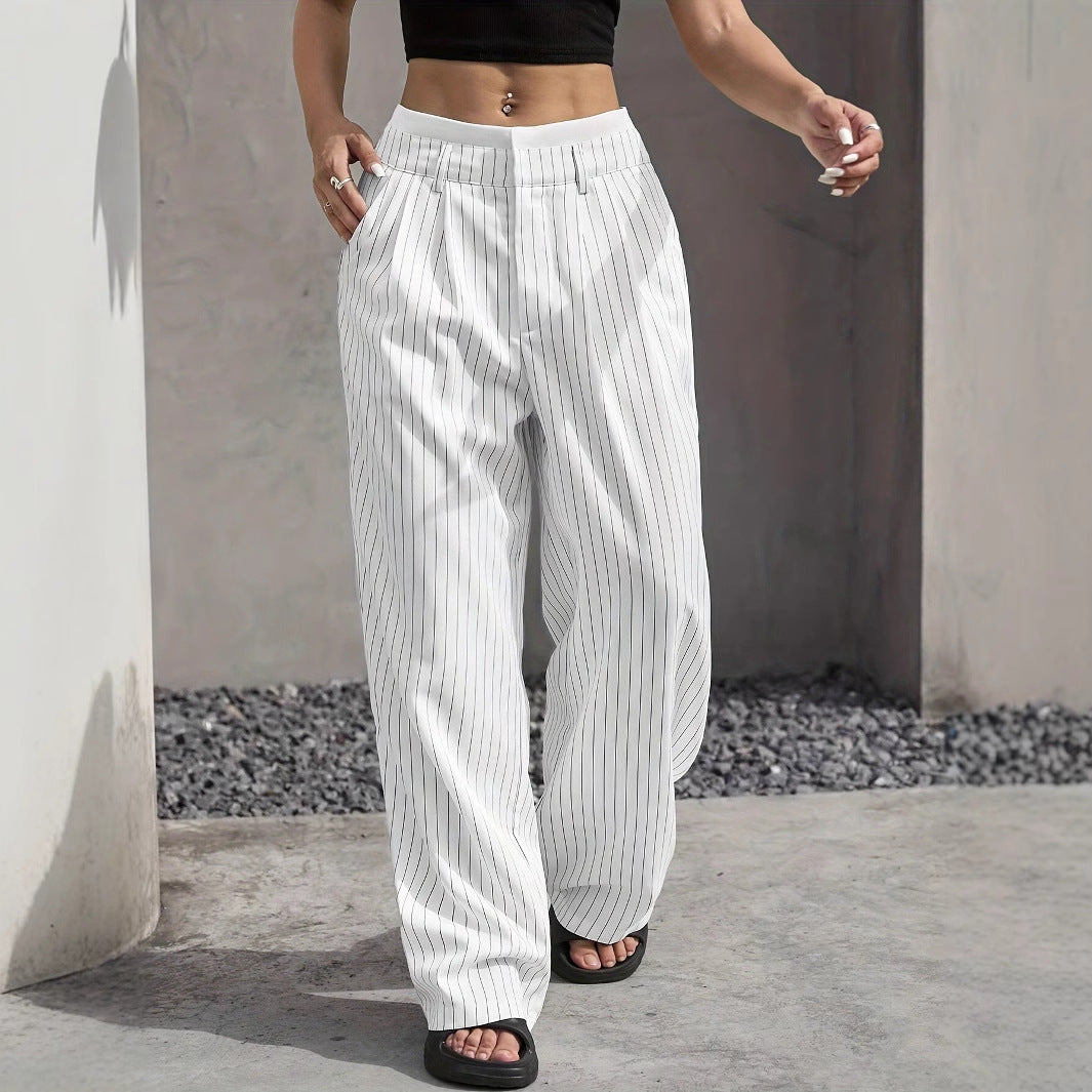 Damen Elegante Weite Hose mit Nadelstreifen und hohem Bund Drune