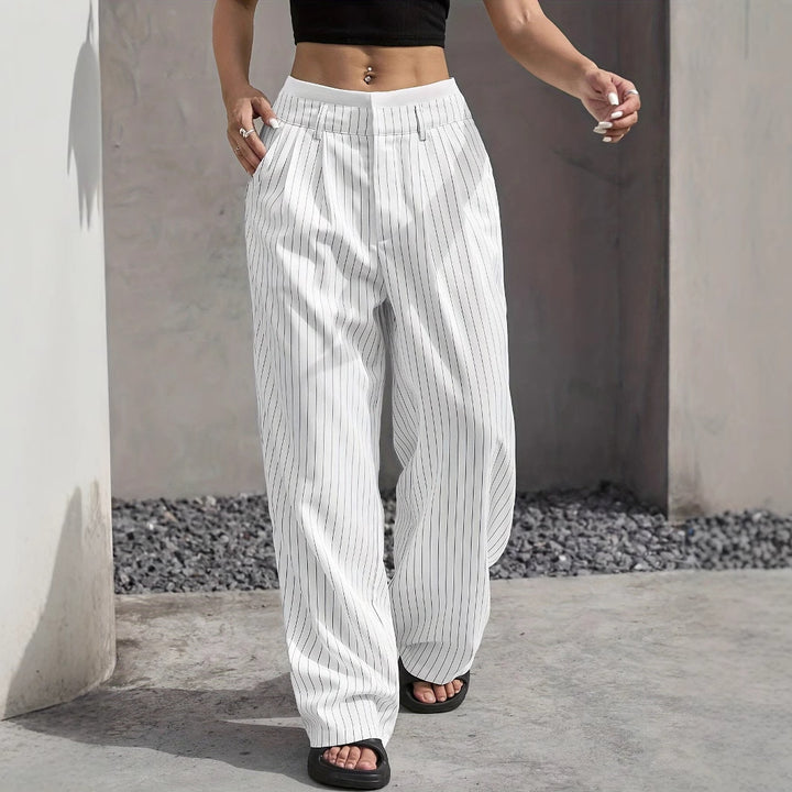 Damen Elegante Weite Hose mit Nadelstreifen und hohem Bund Drune