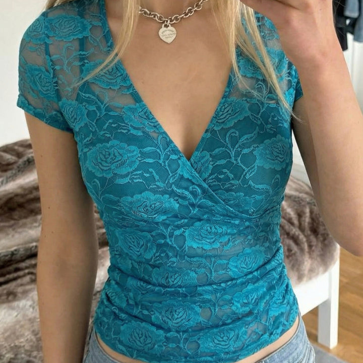 Damen Spitzentop mit floralem Muster und V-Ausschnitt Drune