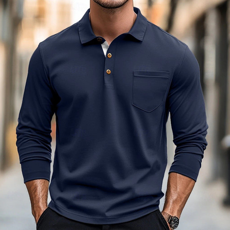 Drune | Langarm Poloshirt Slim Passform Baumwollmischung Brusttasche