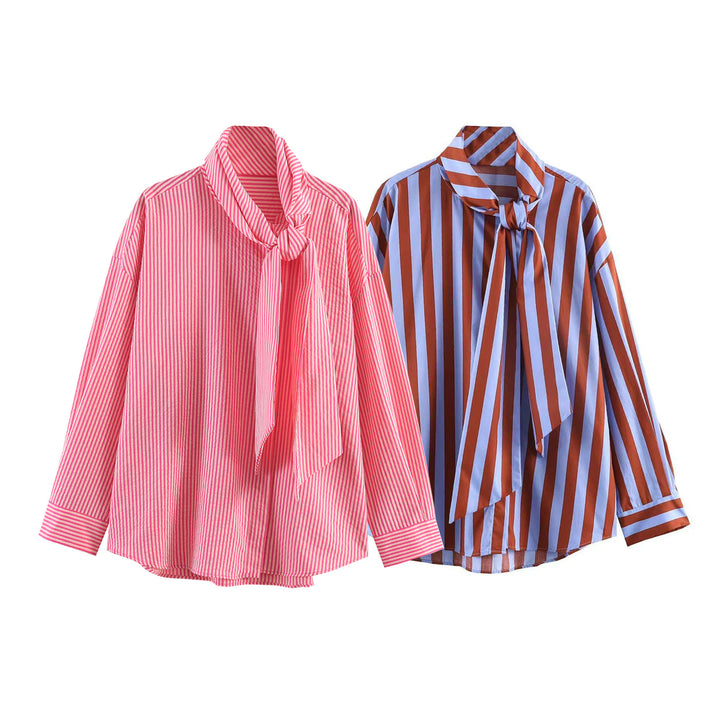 Damen nan gestreifte Bluse mit Schleifenkragen, oversized Schnitt und Manschetten Drune