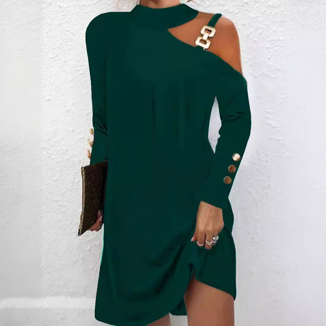 Damen nan asymmetrisches Minikleid mit Stehkragen, Cut-Out-Schulter und Zierkettenträger Drune