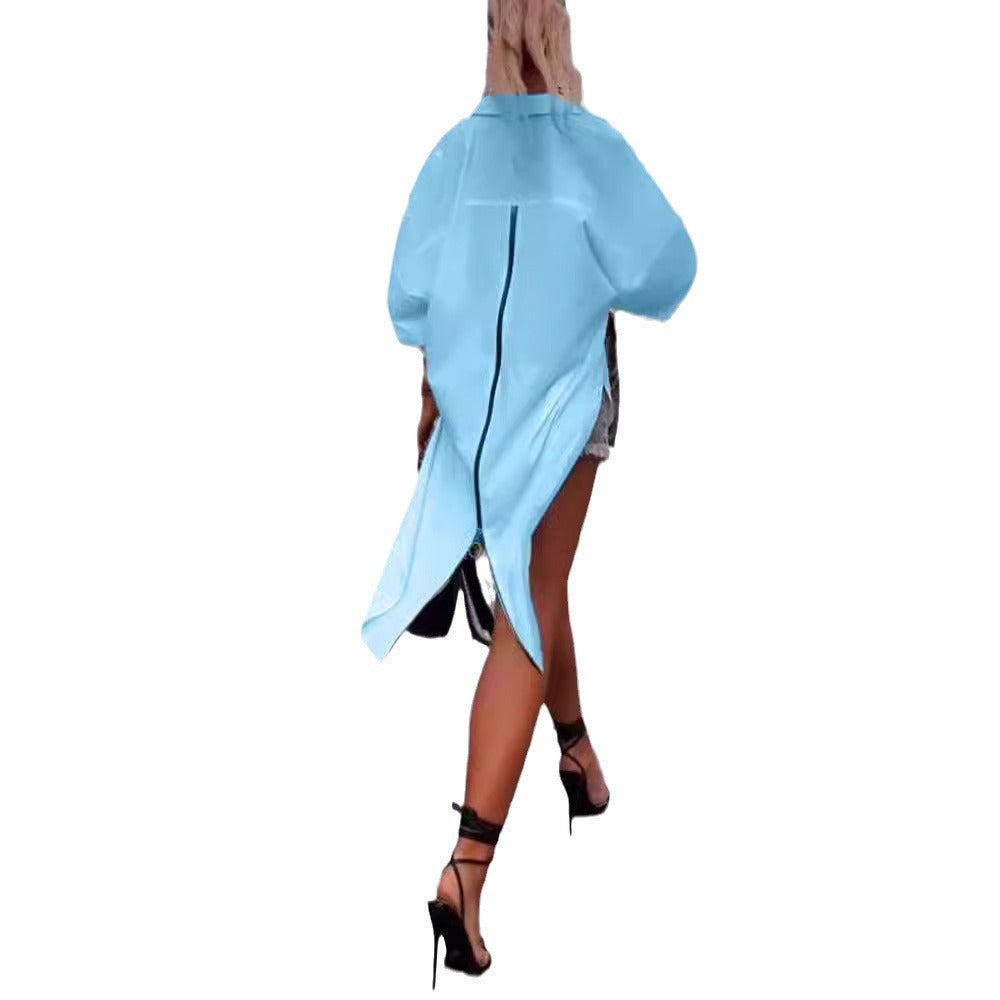 Damen nan weites Hemdkleid mit mittigem Rückenreißverschluss, geschlitztem Schwalbenschwanzsaum und halblangen Fledermausärmeln Drune