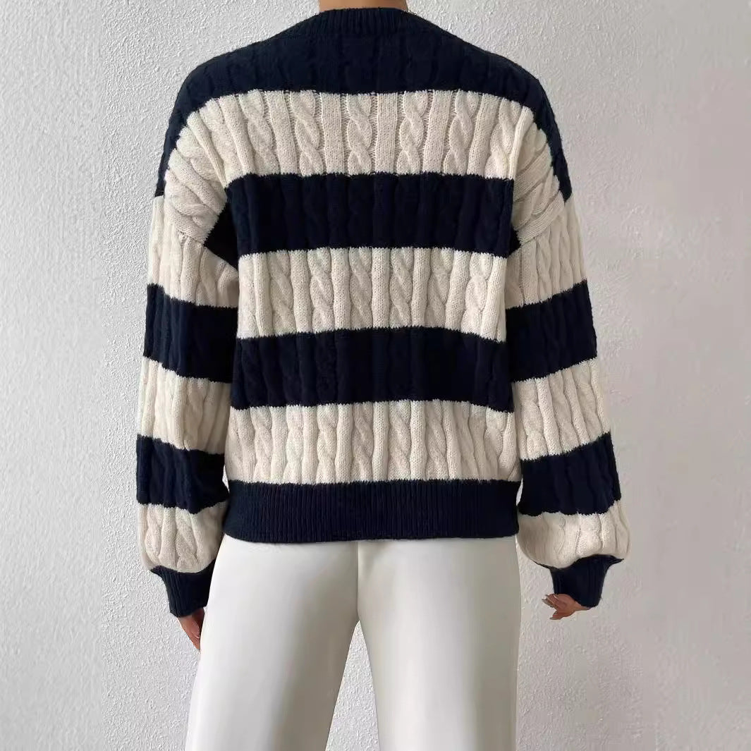 Damen nan gestreifter Grobstrick-Pullover mit Zopfmuster, tiefem V-Ausschnitt und oversized Passform Drune